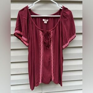 VTG Mossimo size XL cranberry flowy embroidered peasant blouse festival boho
